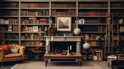 Artfully arranged bookshelves in a study room, showcasing a collection of literary classics and decorative items - obrazy, fototapety, plakaty