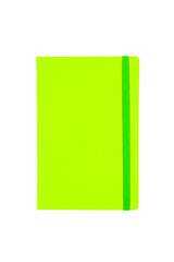 Textured green closed blank paper notebook planner isolated on transparent png background. Design template of copybook with elastic band for mockup. Top view.