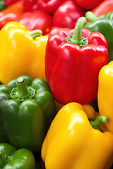 closeup macro of (green, yellow, red) Bell peppers, food advertising