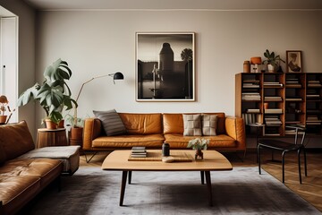 Artfully arranged mid-century Copenhagen living space with curated decor, statement pieces, and a...