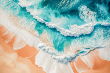 realistic photography, Aerial view of ocean beach with blue water waves with foam and spray and fine sand, landscape concept