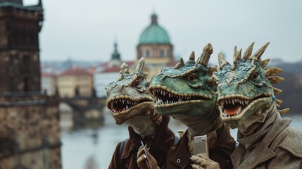 Unidentified man with dinosaur statues in Prague, Czech Republic