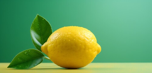 A vibrant lemon, side view, realistic with Agfa Vista 400 film effect, on a light green surface,...