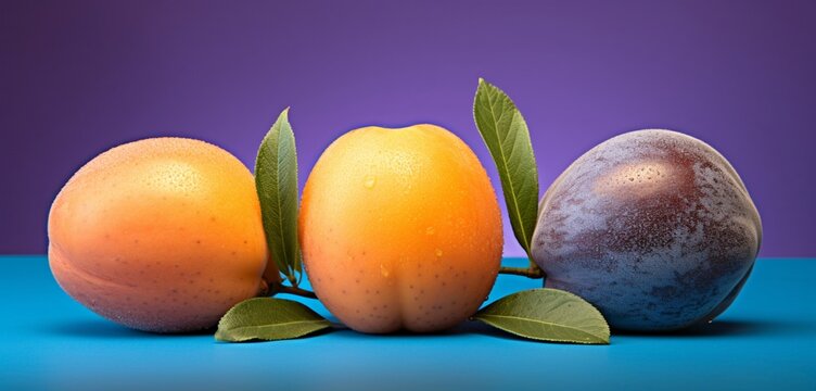 A teal kiwi, an orange peach, and a lavender plum arranged side by side, aerial perspective, Impressionism style, high-resolution 32K image