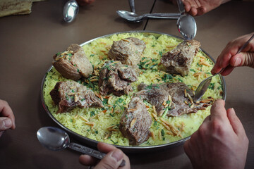 Mansaf, Jordanian national dish. Meat food rice ate Arabic food
