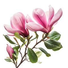 Spring season pink magnolia flowers with eucalyptus leaves.