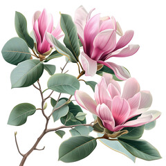 Spring season pink magnolia flowers with eucalyptus leaves.