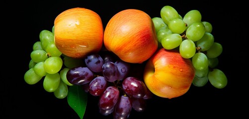 An emerald green apple, a coral orange apricot, and a violet grape cluster, viewed from above, drone photography, Impressionistic style, 32K resolution