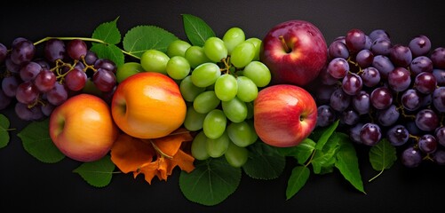 An emerald green apple, a coral orange apricot, and a violet grape cluster, viewed from above, drone photography, Impressionistic style, 32K resolution