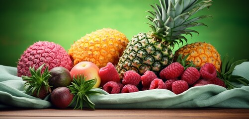 A beautiful setup of raspberries, blackberries, and pineapples on a pastel green cloth