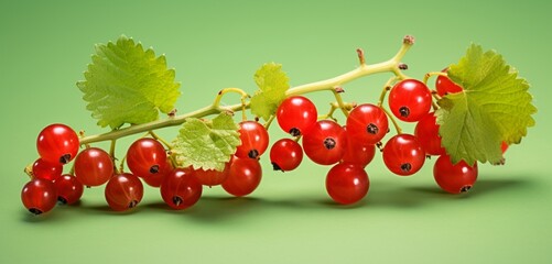 A bunch of red currants, side view, realistic with Agfa Vista 400 film effect, on a light green...