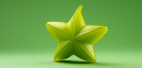 A single carambola, side-angle, realistic in Agfa Vista 400 style, against a light green surface, with diffused and soft light.
