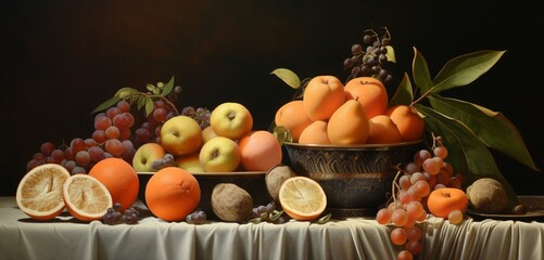A captivating setup of mangosteens, sapotes, and tangerines on a pastel bronze cloth