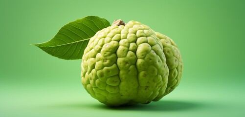 A single cherimoya, side-angle, realistic in Agfa Vista 400 style, against a light green backdrop,...