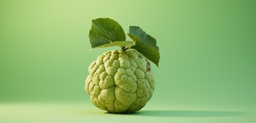 A single cherimoya, side-angle, realistic in Agfa Vista 400 style, against a light green backdrop,...