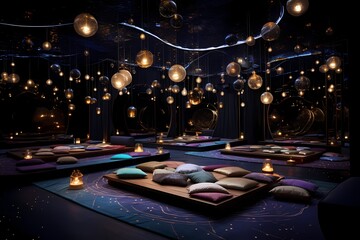Fototapeta na wymiar Celestial spoty yoga space with constellation-themed decor, twinkling lights, and a cosmic ambiance