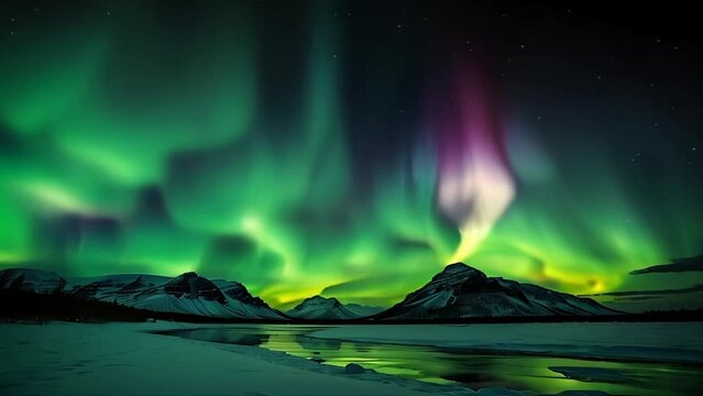 Breathtaking Northern Lights, Aurora Borealis, cascading and undulating over desolate winter landscape. This is an AI generated seamless loop.