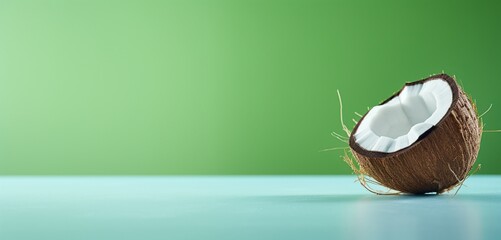 A single coconut, side-angle, realistic Agfa Vista 400 look, on a light green surface, with...