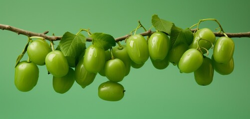 A cluster of jujubes, side view, captured realistically with Agfa Vista 400 effect, on a light green backdrop, diffused soft lighting.