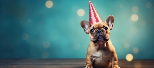 In this delightful image, a dog dons a party hat, creating a playful atmosphere as it extends a heartwarming birthday greeting, exuding charm and celebration in every wag and bark. - Powered by Adobe