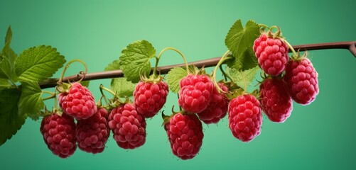 A cluster of loganberries, side view, captured realistically in Agfa Vista 400 effect, against a...