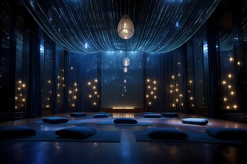 Celestial spoty yoga space with constellation-themed decor, twinkling lights, and a cosmic ambiance - obrazy, fototapety, plakaty