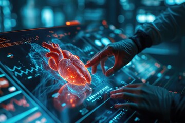 Medicine with futuristic technology. Doctors collaborate with computers, and holograms materialize intricate medical data, symbolizing harmonious future of advanced healthcare digital integration.