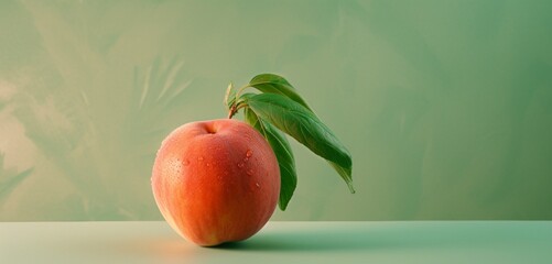 A single nectarine, side-angle, realistic in Agfa Vista 400 style, against a light green surface,...