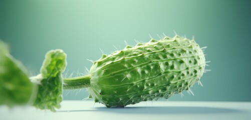 A fresh African horned cucumber, side-angle, realistic in Agfa Vista 400 style, against a light...