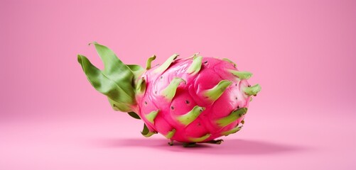 A fresh dragon fruit, side-angle, realistic in Agfa Vista 400 style, against a light green background, with diffused and soft light.