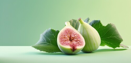 A fresh fig, side-angle, realistic with Agfa Vista 400 style, on a light green background, diffused...