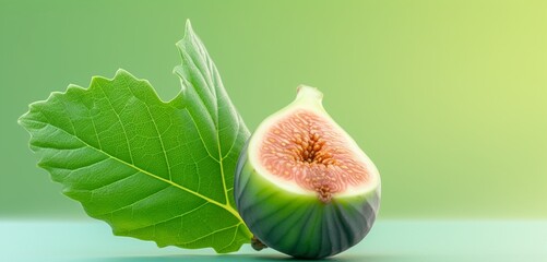 A fresh fig, side-angle, realistic with Agfa Vista 400 style, on a light green background, diffused...