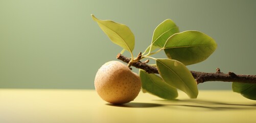 A fresh longan, side-angle, realistic in Agfa Vista 400 style, against a light green backdrop, with...