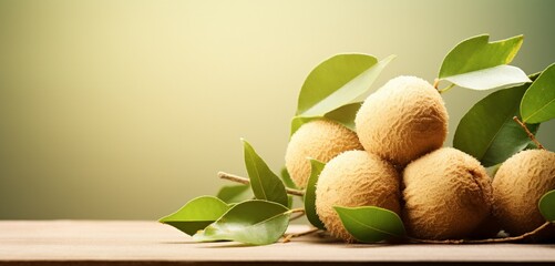 A fresh longan, side-angle, realistic in Agfa Vista 400 style, against a light green backdrop, with...