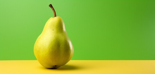 A single pear, side-angle, realistic in Agfa Vista 400 style, against a light green backdrop, with...