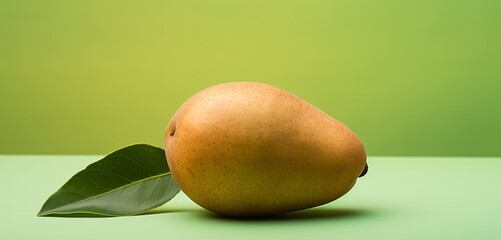 A fresh sapodilla, side-angle, realistic in Agfa Vista 400 style, against a light green background,...