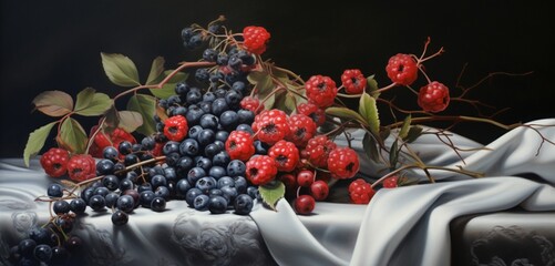 A harmonious arrangement of bearberries, crowberries, and hackberries on a pastel charcoal cloth