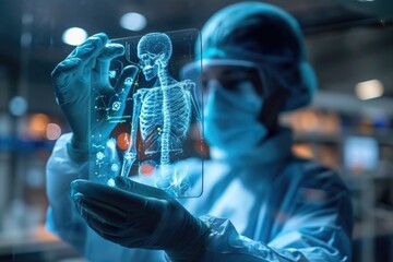 Medicine with futuristic technology. Doctors collaborate with computers, and holograms materialize intricate medical data, symbolizing harmonious future of advanced healthcare digital integration.