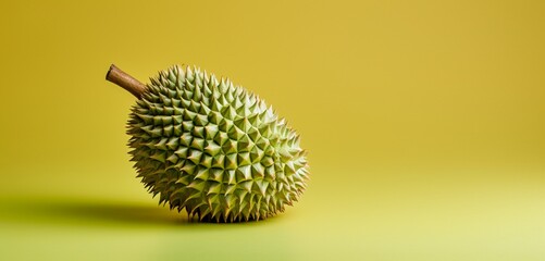A juicy durian, side view, realistic with Agfa Vista 400 film effect, on a light green background,...