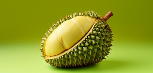 A juicy durian, side view, realistic with Agfa Vista 400 film effect, on a light green background,...