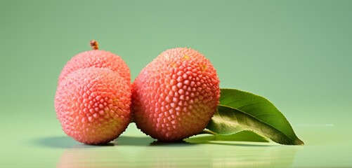 A juicy litchi, side view, realistic with Agfa Vista 400 film effect, on a light green surface,...