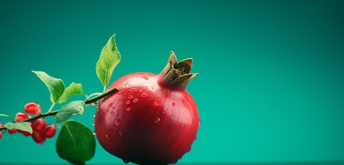A juicy pomegranate, side view, realistic Agfa Vista 400 effect, on a light green surface, diffused...