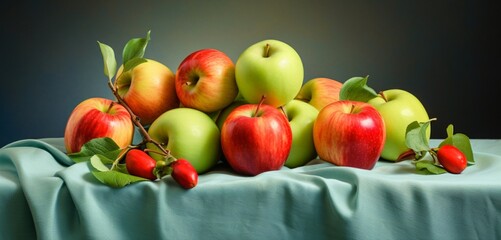 A serene arrangement of green apples, red apples, and yellow apples on a soft pastel aqua cloth