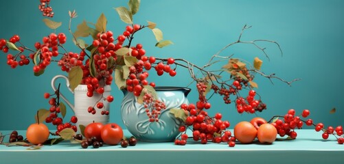 A picturesque setup of rowanberries, serviceberries, and buffaloberries on a pastel teal blue cloth