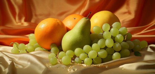 A picturesque setup of green honeydew, orange honeydew, and golden honeydew on a pastel pearl cloth