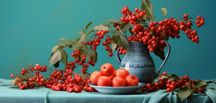 A picturesque setup of rowanberries, serviceberries, and buffaloberries on a pastel teal blue cloth