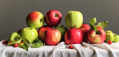 A realistic arrangement of glossy Red Delicious apples and vibrant Granny Smith apples on a soft pastel grey cloth, capturing the natural textures and colors of the fruits