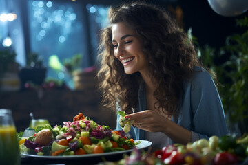 happy beautiful smiling woman girl lady eat healthy food fruit, vegetable, seeds, superfood, cereal, leaf vegetable. Detox and clean diet concept. High in vitamins, minerals and antioxidants. - obrazy, fototapety, plakaty