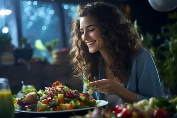 Poster happy beautiful smiling woman girl lady eat healthy food fruit, vegetable, seeds, superfood, cereal, leaf vegetable. Detox and clean diet concept. High in vitamins, minerals and antioxidants. © Ирина Батюк