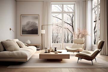 Chic modern classic minimalist living room with iconic furniture, a muted color palette, and large windows for natural light